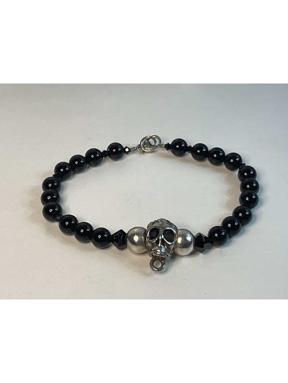Sterling Silver And Black Onyx Skull Bracelet Sz 7”